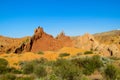 Yellow and red mountain rock formation valley fairy tale canyon in Kirgyzstan Royalty Free Stock Photo