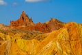 Yellow and red mountain valley canyon in Kirgyzstan Royalty Free Stock Photo