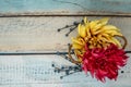 Yellow and red mums flowers in a basket with blue berries. Blue