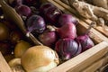 Yellow and Red onions in a wooden crate, for sale at a small market stall Royalty Free Stock Photo