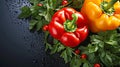 Yellow and red pepper with greens on a dark background covered with water droplets Royalty Free Stock Photo