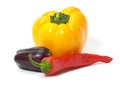 Yellow and red peppers with eggplant isolated