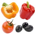 Yellow and red peppers, tomato and black olives Royalty Free Stock Photo