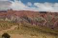 Rainbow mountains and valley in Humahuaca Argentina with hikers