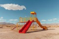 A yellow and red play set stands alone in the vast landscape of the desert, under the scorching sun, A playground isolated in the Royalty Free Stock Photo