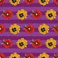 Yellow and red poppies and bees seamless pattern on purple stripes Royalty Free Stock Photo