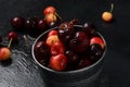 Yellow and red sweet cherries. Fresh ripe sour cherries. Royalty Free Stock Photo