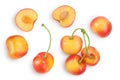 Yellow-red sweet cherry isolated on white background with clipping path . Top view. Flat lay Royalty Free Stock Photo