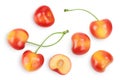 Yellow-red sweet cherry isolated on white background with clipping path . Top view. Flat lay Royalty Free Stock Photo