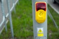 Yellow-red traffic light button touch and wait, Polish language Royalty Free Stock Photo