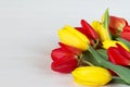 Yellow and red tulips on white wooden board. Background, pattern, texture. Royalty Free Stock Photo