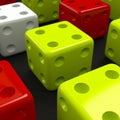 Yellow Red and White Dice on a black background Royalty Free Stock Photo