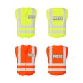 Yellow reflective safety vest for people. Text - press. Protective uniform for reporter, front and back view.