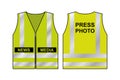 Yellow reflective safety vest with text - news media, press photo. Protective uniform for reporter or photographer