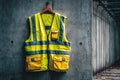 Yellow reflective vest hanging on a hook at a construction site, emphasizing worker protection Royalty Free Stock Photo