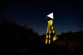 Yellow reflective vest hanging on a road sign at night