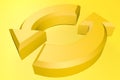 Yellow Reload icon isolated on yellow background. Refresh symbol. Rotation arrows in a circle. Minimalistic close-up concept. 3d