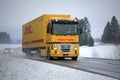 Yellow Renault Magnum Semi Truck Hauls in Winter