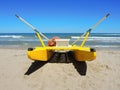 Yellow rescue boat on Italian beach. Adriatic sea. Emilia Romagna. Italy Royalty Free Stock Photo