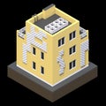 Yellow residential building in a small isolated platform. Raster 3d illustration of a perspective view. 3d rendering.