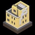Yellow residential building in a small isolated platform. Raster 3d illustration of a perspective view. 3d rendering.