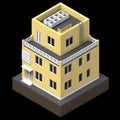 Yellow residential building in a small isolated platform. Raster 3d illustration of a perspective view. 3d rendering.