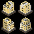 Yellow residential building in a small isolated platform. Raster 3d illustration of a perspective view. Set of 4 types