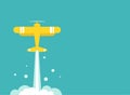 Yellow retro airplane or aeroplane flies in sky with clouds. Flat old vintage aircraft Royalty Free Stock Photo