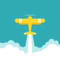 Yellow retro airplane or aeroplane flies in sky with clouds. Flat old vintage aircraft Royalty Free Stock Photo