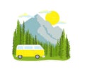 Yellow Retro Camper Van With Forest And Mountains In The Background. Living Van Life, Camping In The Nature, Travelling.