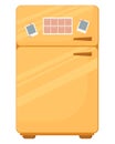 Yellow retro fridge with magnets and glider, isolated on white background. Vector illustration of a refrigerator in a Royalty Free Stock Photo