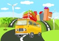 Yellow retro style Mini bus on the road, Royalty Free Stock Photo