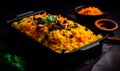 Yellow rice with raisins carrots and cashews in black bowl Royalty Free Stock Photo