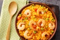 Yellow rice with shrimp with some addition of vegetables and spices close-up in a bowl. horizontal top view Royalty Free Stock Photo