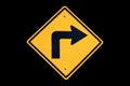 Yellow right turn road sign Royalty Free Stock Photo