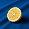 Yellow rind and juicy textured flesh is placed on a smooth deep blue Royalty Free Stock Photo