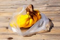 Yellow ripe bananas in plastic bag on wooden surface. Fresh organic fruits on sunny day. Shopping concept. Selective focus. Royalty Free Stock Photo