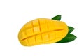 Yellow ripe mango and leaf on white background, Mango slice cut to cubes, Mango is a tropical fruit, Sweet taste, Fresh yellow rip