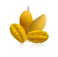 Yellow ripe mangoes fruits isolated on white background, two round and two sliced die cut with clipping path Royalty Free Stock Photo