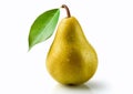 Yellow ripe pear with leaf on white background.Macro.AI Generative Royalty Free Stock Photo