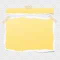 Yellow ripped notebook paper sheets, note for text or message stuck on squared gray background.