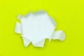 Yellow ripped open paper on white paper background. Royalty Free Stock Photo