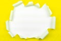 Yellow ripped open paper on white paper background