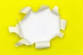 Yellow ripped open paper on white paper background. Royalty Free Stock Photo