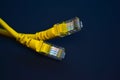 Yellow RJ-45 or ethernet internet cable on black background Royalty Free Stock Photo