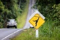 Yellow road sign for awaring monkey on roadway Royalty Free Stock Photo