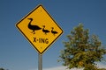 Yellow road sign with black graphic of a mother duck and two ducklings