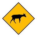 Yellow road sign: Deer Crossing Zone. Drive slowly for beware of Wild animal movement Animal crossing sign.