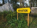 Yellow road sign with a directional arrow and the words \