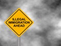 Yellow road sign with illegal Immigration Ahead message isolated on a grey sky background. Yellow hazard warning sign. Vector illu